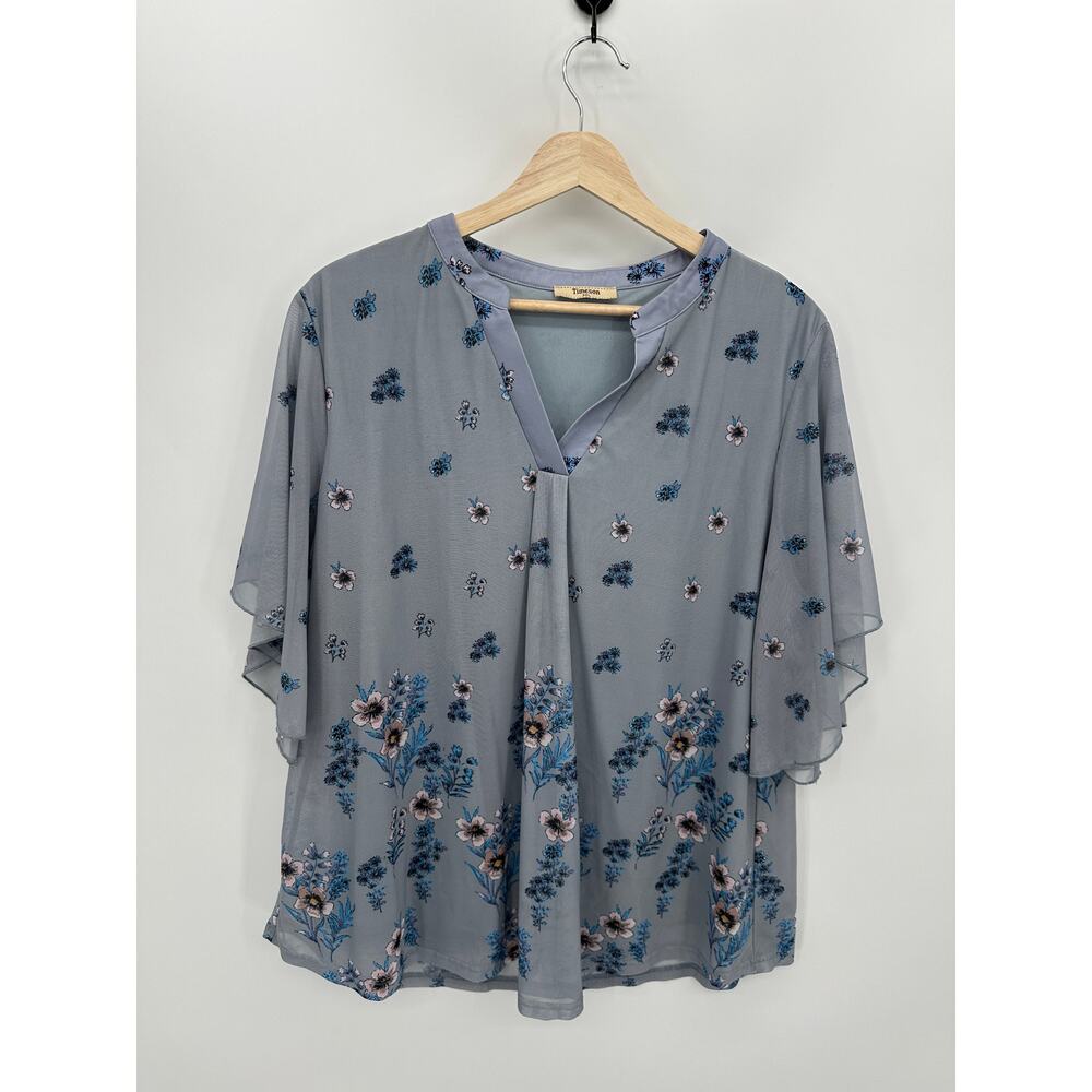 Timeson Blouse Women XXL Blue Floral Mesh Flowy Loose Spring Summer Boho Fairy